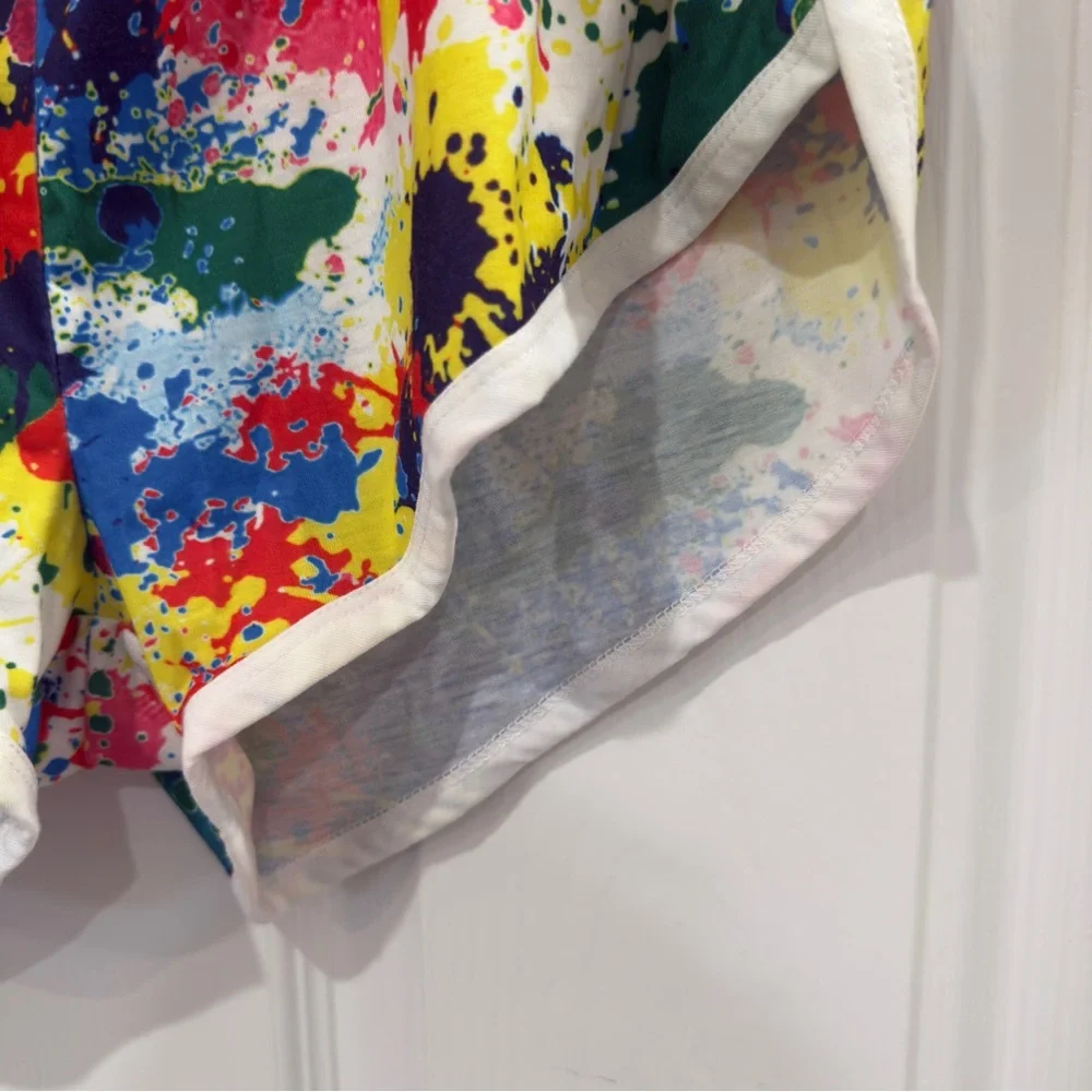 Rainbow Paint Splatter Effect Loose Fit Athletic Shorts w White Piping_5